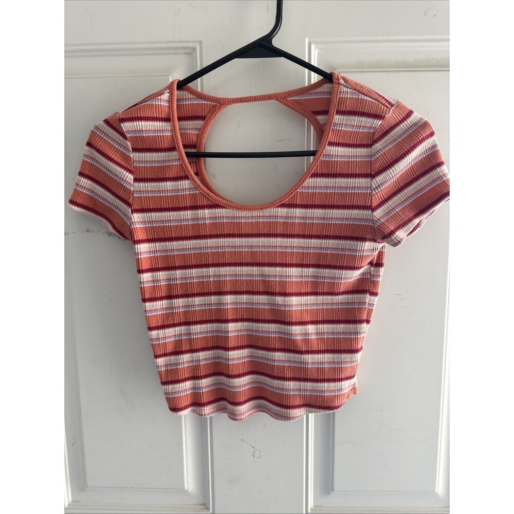 SO Striped Ribbed Crop Top Women Size S Purple Pink Orange Cutout Back  Y2K